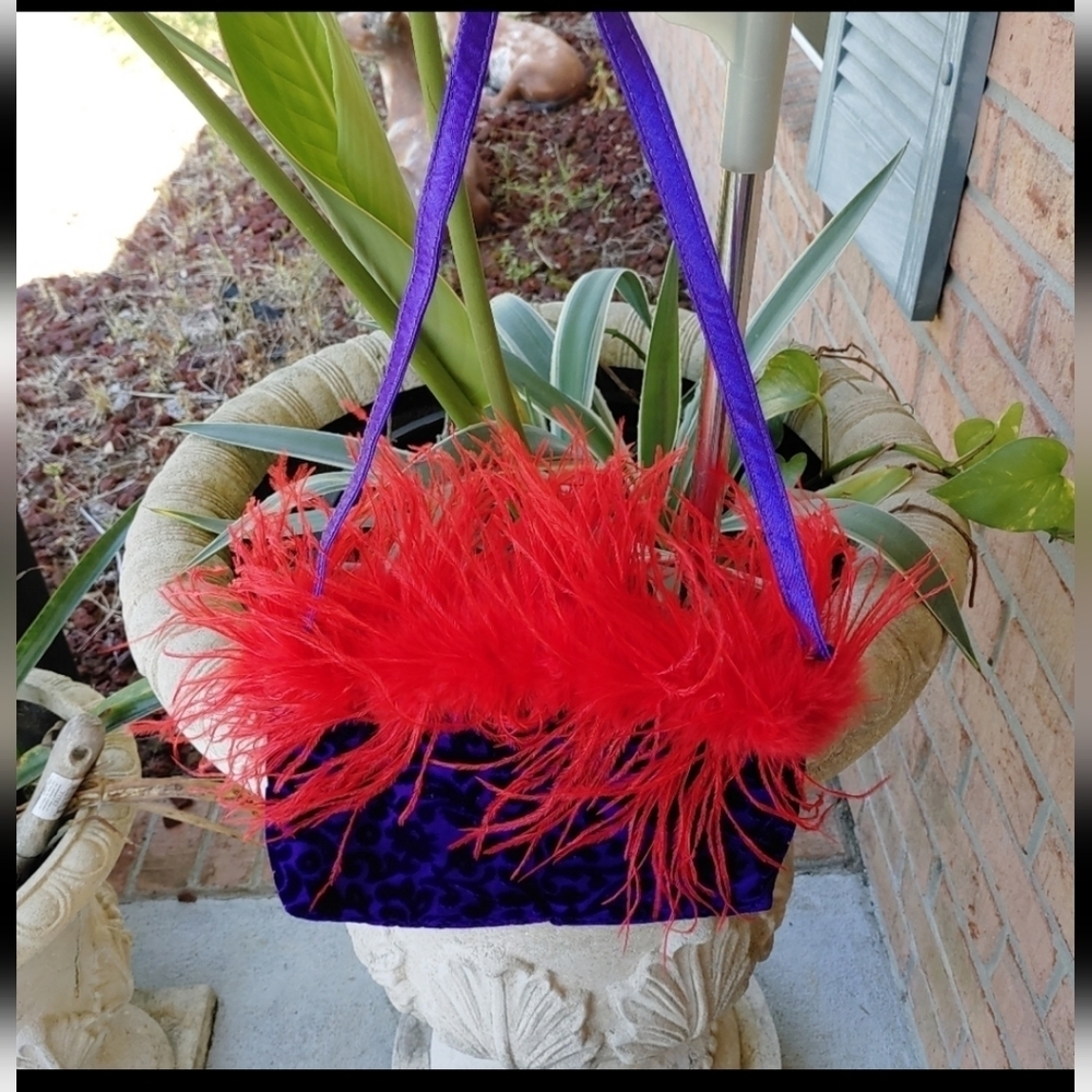 PURPLE AND RED VELOUR RED HAT SOCIETY COLORS SHOULDER BAG